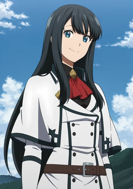 detailed background, official style,anime coloring, (anime screencap) masterpiece, detailed face,1girl <lora:Suzune_Inukami__:1>Suzune_Inukami, solo, long hair, blue eyes, black hair, smile, sky, day, outdoors, belt, cloud, capelet, blue sky, looking at viewer, ascot, red ascot, white capelet