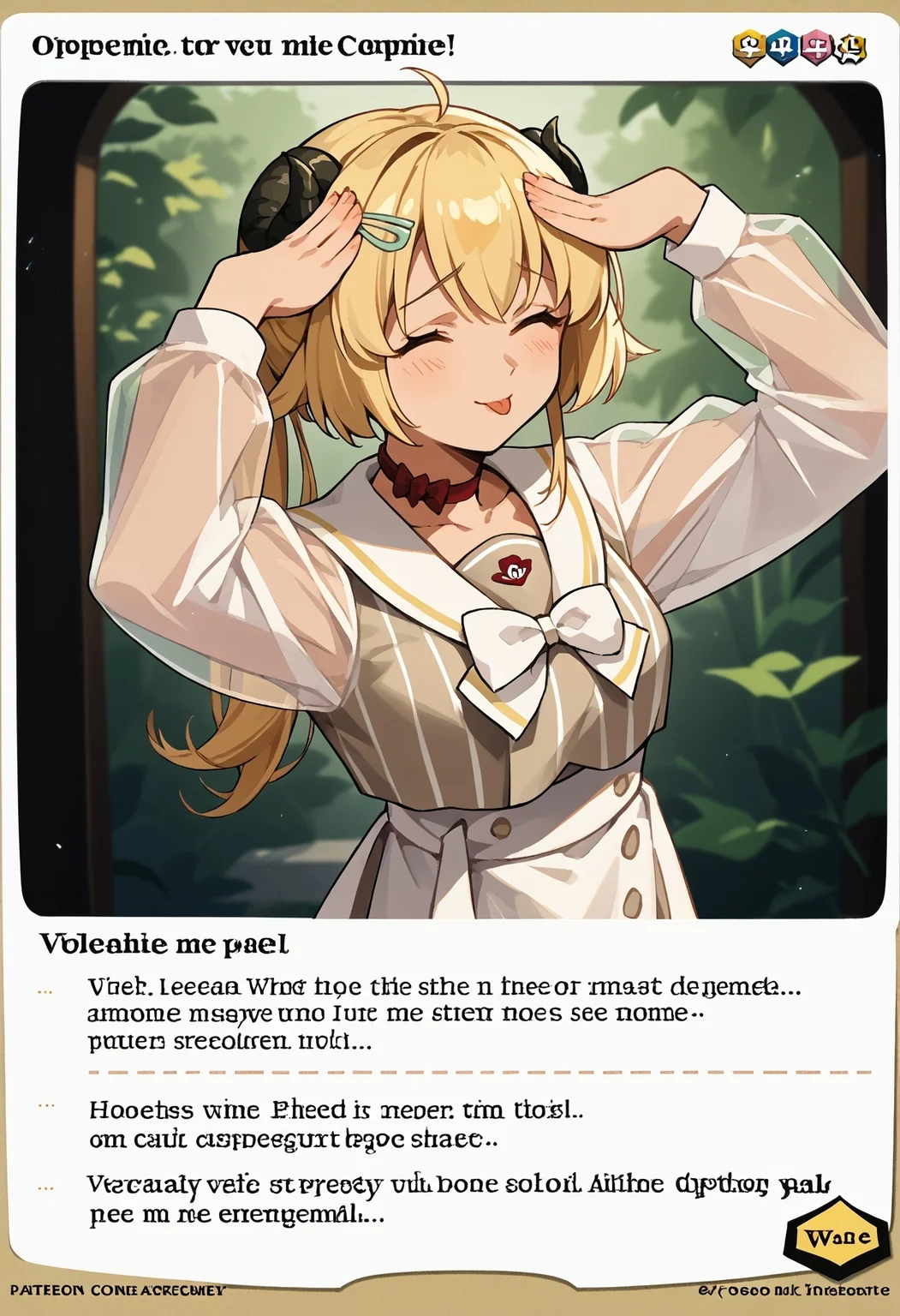 c4rd,english text,character name,
TsunomakiWatame, horns, long hair, ahoge, WatameCasual, ahoge, side ponytail, short hair, hairclip, vertical-striped dress, white skirt, high-waist skirt, sailor collar, red choker, white bow, see-through sleeves
AhEtoBlehMeme, closed eyes, tongue out, :p, hands on own head, smile
score_9,score_8_up,score_7_up, source_anime,
 <lora:MTG_card_v2:1>  <lora:AhEtoBlehMeme_pdxl_Incrs_v1:1>  <lora:ChamTsunomakiWatamePonyXL:1>