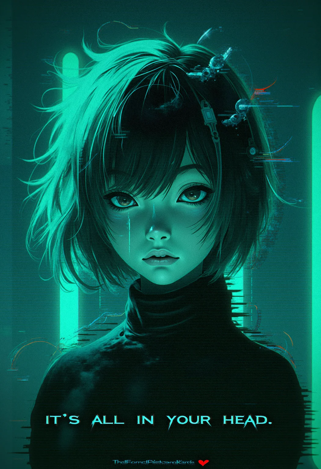 A stylized digital illustration of an anonymous person, with short, slightly messy hair, wearing a futuristic headgear with wires attached to it. The headgear covers their eyes and part of their face, resembling a cybernetic helmet. The personâs body is not fully visible; only the head and upper part of the torso are shown. The art is presented in glitch style, with digital noise and distortion effects. The image is predominantly in shades of teal and black, with subtle neon lighting. A caption in glitchy text at the bottom reads, "IT'S ALL IN YOUR HEAD." <lora:FluxDFaeTasticDetails:0.83> <lora:sxz-Dark-Fantasy-v2-Flux:0.66> drkfnts style,