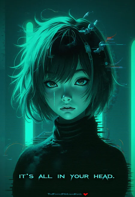 A stylized digital illustration of an anonymous person, with short, slightly messy hair, wearing a futuristic headgear with wires attached to it. The headgear covers their eyes and part of their face, resembling a cybernetic helmet. The personâs body is not fully visible; only the head and upper part of the torso are shown. The art is presented in glitch style, with digital noise and distortion effects. The image is predominantly in shades of teal and black, with subtle neon lighting. A caption in glitchy text at the bottom reads, "IT'S ALL IN YOUR HEAD." <lora:FluxDFaeTasticDetails:0.83> <lora:sxz-Dark-Fantasy-v2-Flux:0.66> drkfnts style,