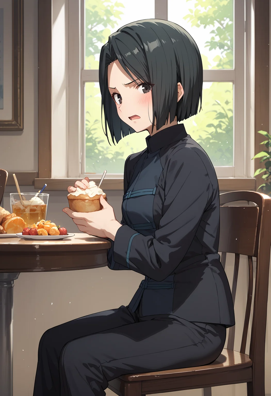 score_9, score_8_up, score_7_up, , score_ANIME, 1girl,, maiya, 1girl, solo, black hair,black suit, black eyes, dark, bob cut, pants, cowboy shot, <lora:hisau_maiya_pony2:0.8> looking at viewer, sitting, holding,dessert, table, indoors, on chair, embarrassed, open mouth,