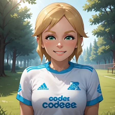 score_9, score_8, BREAK, solo, wii, mii, wii sports, 1girl, female mii, green eyes, blonde hair, blonde eyebrows, blush, RiverPlate, striped shirt, striped, shirt, white shirt, short sleeves, clothes writing, sportswear, soccer uniform, white pants, shoes, nintendo mii, modern_mii, classic_mii, breasts, olga_(wii_sports), cute, sexy pose, self portrait, smile, outdoors, sunlight, shadows, evening lighting, natural lighting, forest, trees, grass, orange sky, sunset