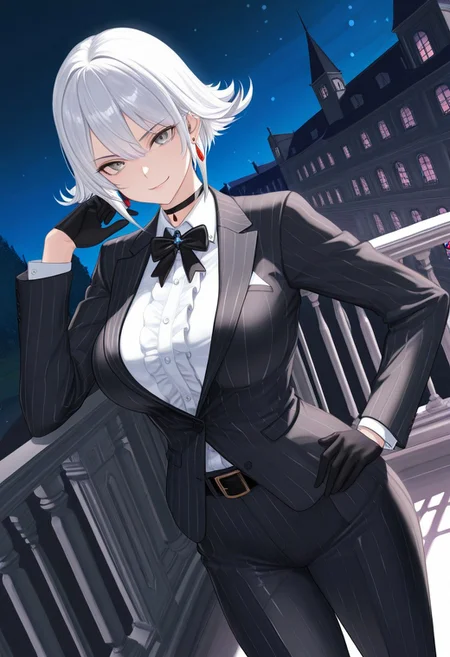 (score_9, score_8_up:1.1), score_7_up, (masterpiece:1.2), (best quality:1.3), amazing quality, very aesthetic, best aesthetic, highres, absurdres, HD, 4k, shading, newest, perfect composition, intricate details, detailed face and eyes, cel-shaded, sharp lines, Beautiful background, color vibration, shiny effect, shiny, smooth detail, scenery, alternate costume, 1girl, solo, female focus, Christie, grey eyes, white hair, short hair, flipped hairstyle, flipped hair, earrings, choker, bow, bowtie, formal, suit, pinstripe suit, blouse, black jacket, gloves, pants, belt, shoes, toned, toned body, large breasts, confident, smirk, beautiful, looking at viewer, dynamic pose, standing, cowboy shot, dutch angle, masterful composition, dynamic movement, sidelighting, light particles, outside, mansion, manor, night, regal, Royal, balcony, edgy, manga, anime, hand on hip, one hand up, dramatic shadows,
