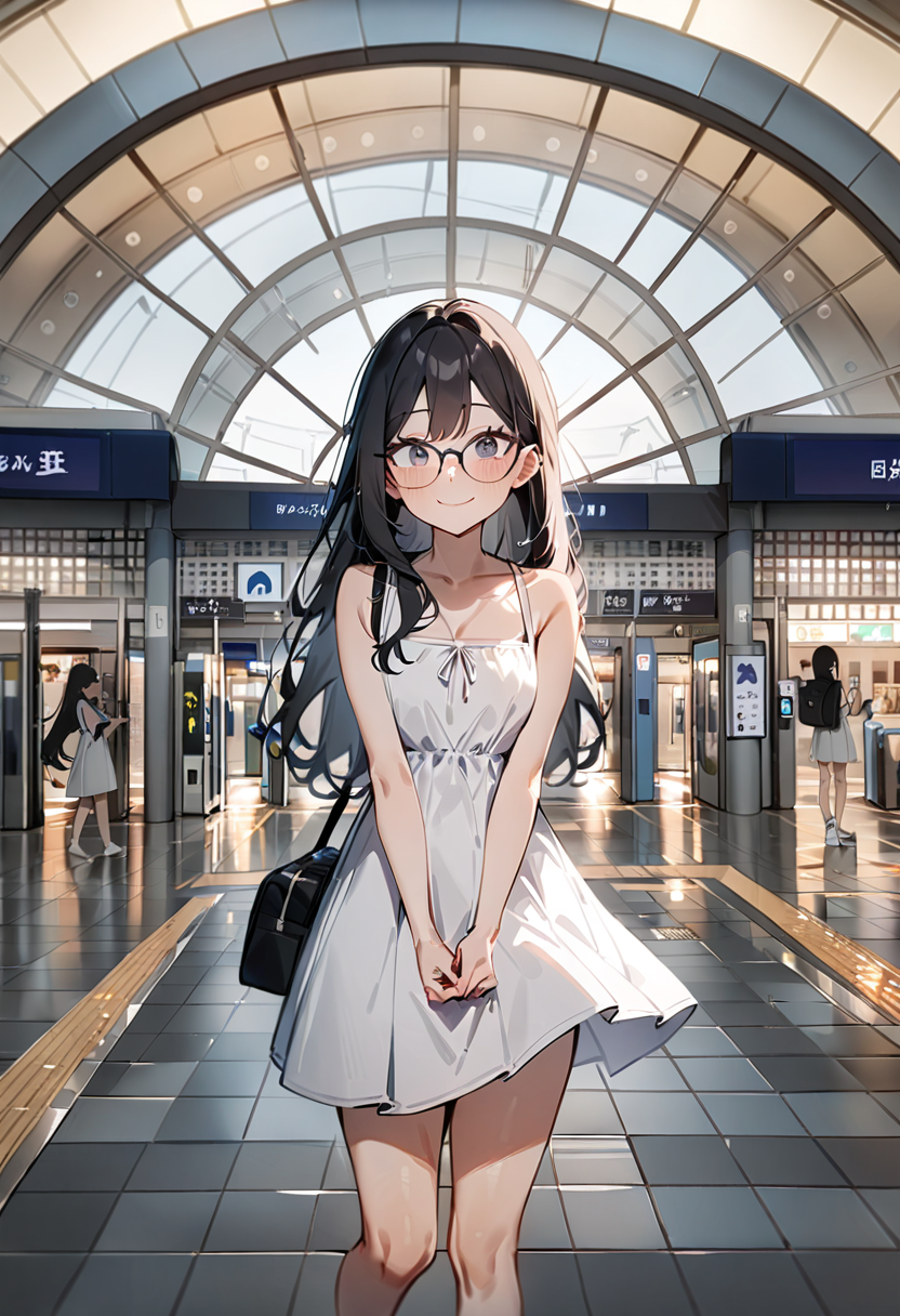 masterpiece, best quality, very aesthetic, absurdres,
1girl, solo, glasses, black hair, long hair, white dress, sun dress, hat, black bag, smile, looking at viewer, solo focus,
TWRR03, scenery, tiles, tile floor, train station, door, multiple girls, sign, storefront, exterior, close-up
<lora:kokusai_tenjijyo_eki_SDXL_V1:1>