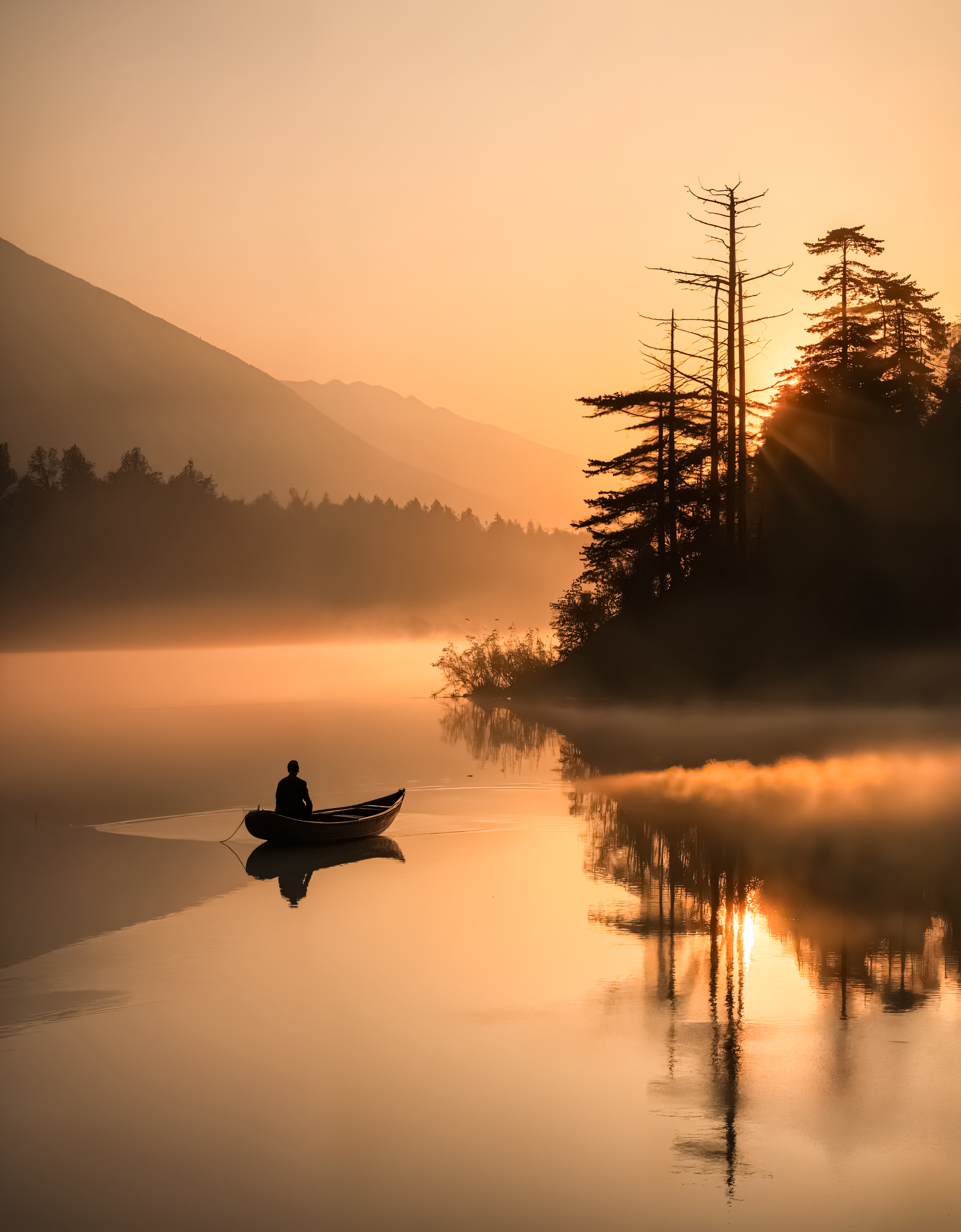 In the tranquil embrace of the mist-shrouded lake, a scene unfolds with ethereal beauty, captured by the Sony A7IV with a 20mm G Master lens set at a wide aperture of F1.5. Bathed in the golden light of the hour, a solitary boat glides silently across the water's surface, leaving a gentle ripple in its wake. Its reflection dances delicately upon the serene expanse, mirroring the enchanting spectacle above. Behind it, a single majestic mountain rises from the mist, its silhouette a testament to nature's grandeur. As the mist weaves its spell and the golden light illuminates the scene, a sense of peace and wonder fills the air, inviting contemplation and serenity.