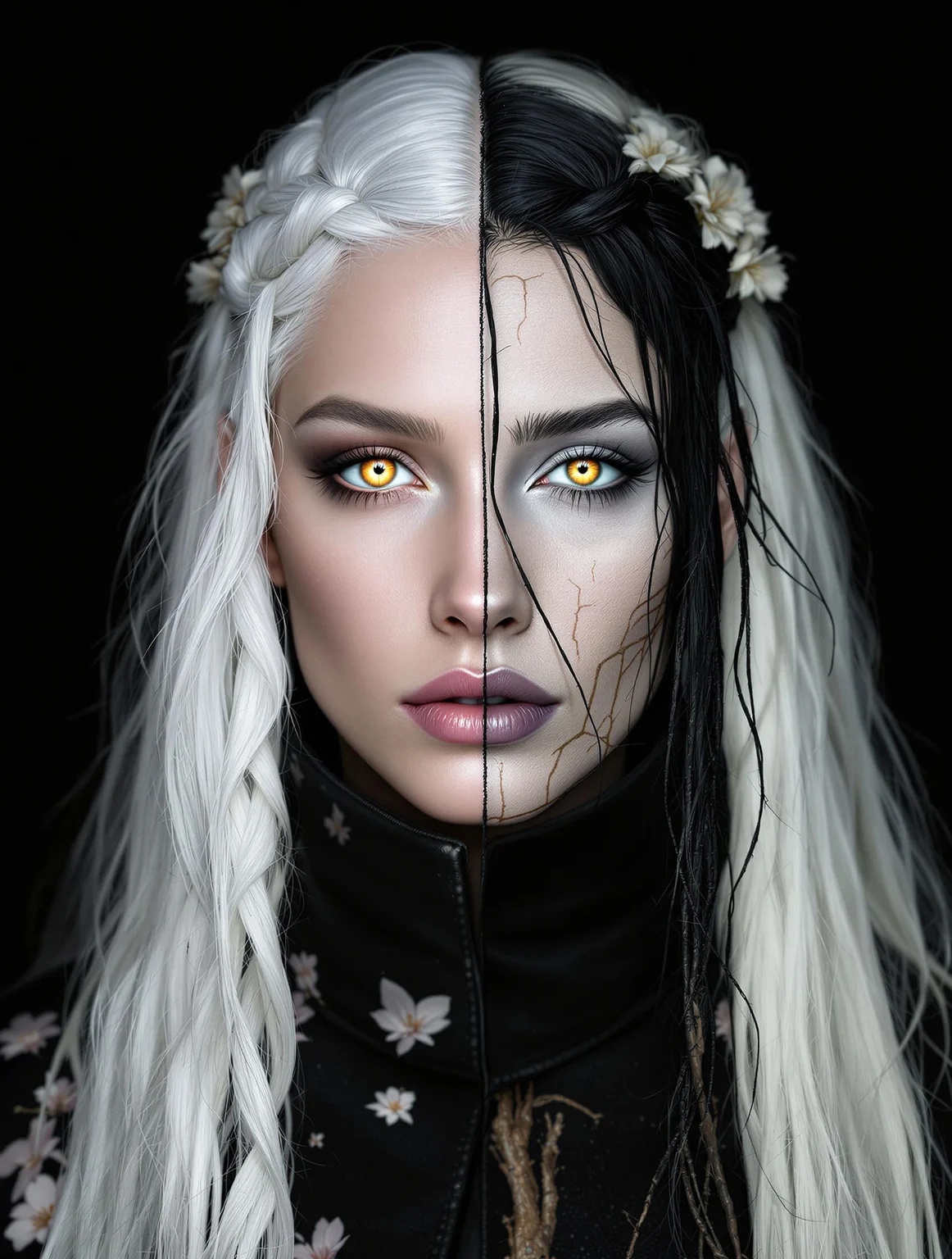 nbn-hel, A solemn portrait of Hel, face fully aligned with the center of the image. Her left side (viewer’s) radiates beauty — clear glowing eye, smooth pale skin, flowing white hair braided with silver threads. Her right side (viewer’s) is death’s echo — sharp cheekbone, empty socket, tight dry skin, and hanging black hair. Her lips are perfectly symmetrical — half full, half sunken. She wears a high-neck cloak with mirrored patterns of blooming leaves on one side and dried roots on the other. Lighting is soft and even, as though frozen in a timeless moment between worlds.