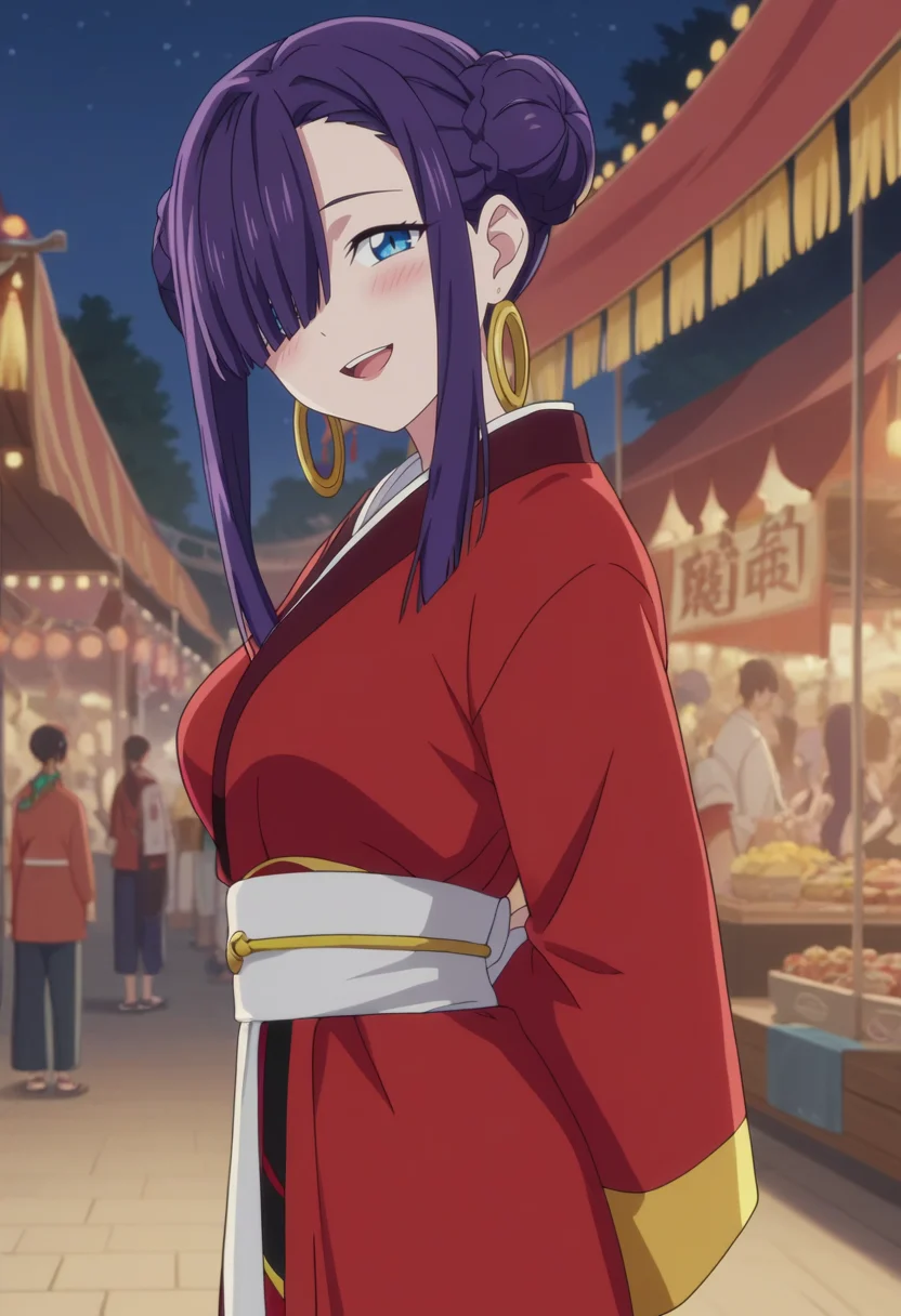score_9, score_8_up, score_7_up, anime screencap, source_anime, 1girl, solo,
<lora:Hime_SSSS.Gridman_V2:.85>, KJOhime, purple hair, blue eyes, asymmetrical bangs, hair over eye, sidelocks, double bun,
red kimono, long sleeves, white sash, hoop earrings,
arms behind back, seductive smile, head tilt, blush, looking at viewer, open mouth,
festival, night,
(Beautiful, medium Breasts:1.2), natural breasts,