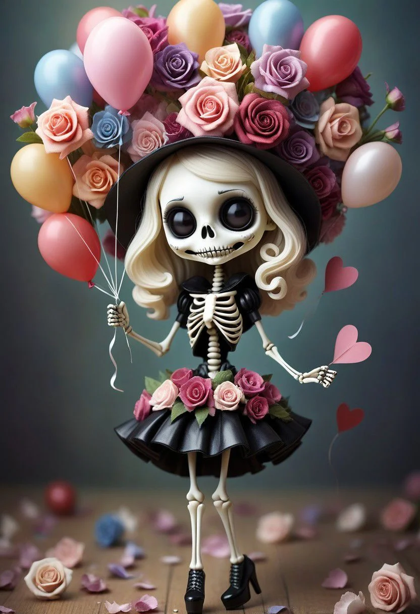 greeting card made of flowers, selective focus, miniature effect, highly detailed, vibrant, perspective control,  funny smiling skeleton Blythe in leather mini skirt and tights and black high heels and an elegant hat made of flowers, valentine, balloon, pastel colours, soft focus and diffused lighting, Paolo Roversi, Tim Burton, Kris Kuksi, Gorjuss, Joan Walsh Anglund, intricate background detail, digital painting, ultra-detailed, cinematic, macro, mystical, magical, vibrant photography, shimmering light, dreamy, whimsical, serene, soft-focus, hyper-detailed digital art