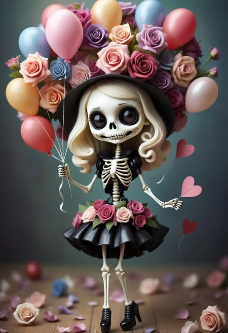 greeting card made of flowers, selective focus, miniature effect, highly detailed, vibrant, perspective control, funny smiling skeleton Blythe in leather mini skirt and tights and black high heels and an elegant hat made of flowers, valentine, balloon, pastel colours, soft focus and diffused lighting, Paolo Roversi, Tim Burton, Kris Kuksi, Gorjuss, Joan Walsh Anglund, intricate background detail, digital painting, ultra-detailed, cinematic, macro, mystical, magical, vibrant photography, shimmering light, dreamy, whimsical, serene, soft-focus, hyper-detailed digital art