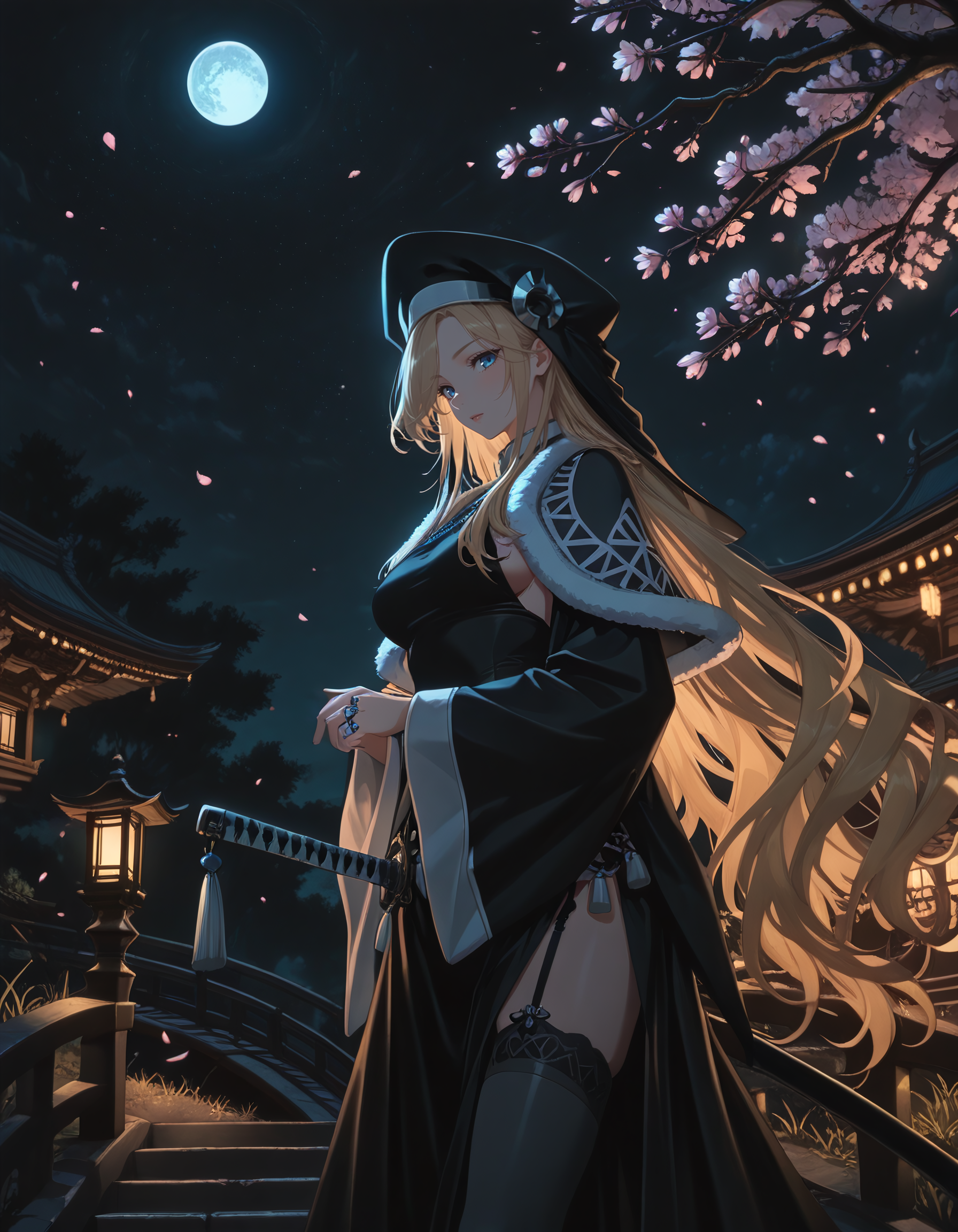 Smooth Quality <lora:marlefiss_IL:1> marlefiss, long hair, blonde hair, black headwear, habit, blue eyes, eyes visible through hair, ring, jewelry, eyelashes, lipstick, medium breasts fur trim, capelet, black dress, long sleeves, wide sleeves, grey thighhighs, side slit, garter straps, black footwear, high heels, 1girl, architecture, black_sky, closed_mouth, east_asian_architecture, flower_knot, from_side, full_moon, grass, katana, lantern, looking_at_viewer, makeup, moon, night, night_sky, outdoors, red_moon, shrine, sideboob, sky, smile, solo, stairs, standing, sword, tassel, tree, weapon, footbridge_in_temple_garden, cherry_blossoms_overhead, reflective_mood, calm_stream_below, birdsong, ambient_light, <lora:RavenScript :1>, <lora:lightingSlider:-1> dark, addmicrodetails <lora:AddMicroDetails_Illustrious:0.6>