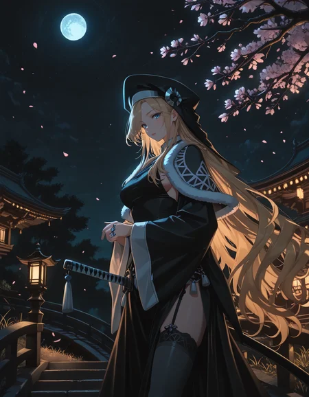 Smooth Quality <lora:marlefiss_IL:1> marlefiss, long hair, blonde hair, black headwear, habit, blue eyes, eyes visible through hair, ring, jewelry, eyelashes, lipstick, medium breasts fur trim, capelet, black dress, long sleeves, wide sleeves, grey thighhighs, side slit, garter straps, black footwear, high heels, 1girl, architecture, black_sky, closed_mouth, east_asian_architecture, flower_knot, from_side, full_moon, grass, katana, lantern, looking_at_viewer, makeup, moon, night, night_sky, outdoors, red_moon, shrine, sideboob, sky, smile, solo, stairs, standing, sword, tassel, tree, weapon, footbridge_in_temple_garden, cherry_blossoms_overhead, reflective_mood, calm_stream_below, birdsong, ambient_light, <lora:RavenScript :1>, <lora:lightingSlider:-1> dark, addmicrodetails <lora:AddMicroDetails_Illustrious:0.6>