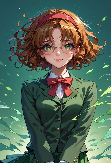 score_9, score_7_up, source_anime, solo, BREAK AEFuuDef, green eyes, curly hair, parted bangs, short hair, glasses, rimless eyewear, round eyewear, red hairband, school uniform, green jacket, blazer, long sleeves, collared shirt, white shirt, red bowtie, green skirt, miniskirt, pleated skirt, white socks, kneehighs, brown footwear, loafers,
standing, smile, portrait, wind, green wind, v arms, green background, gradient background, aqua background, leaning to the side,
<lora:AEFuu-000009:0.8> magic, light particles,