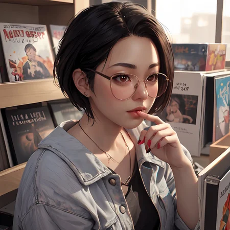 high quality 3d rendering high resolution raytracing of 1girl cute <lora:alex_chen:1> alex_chen, short hair
browsing records in a record store
black glasses <lora:weight_slider_v2:1.1> fHandDetail