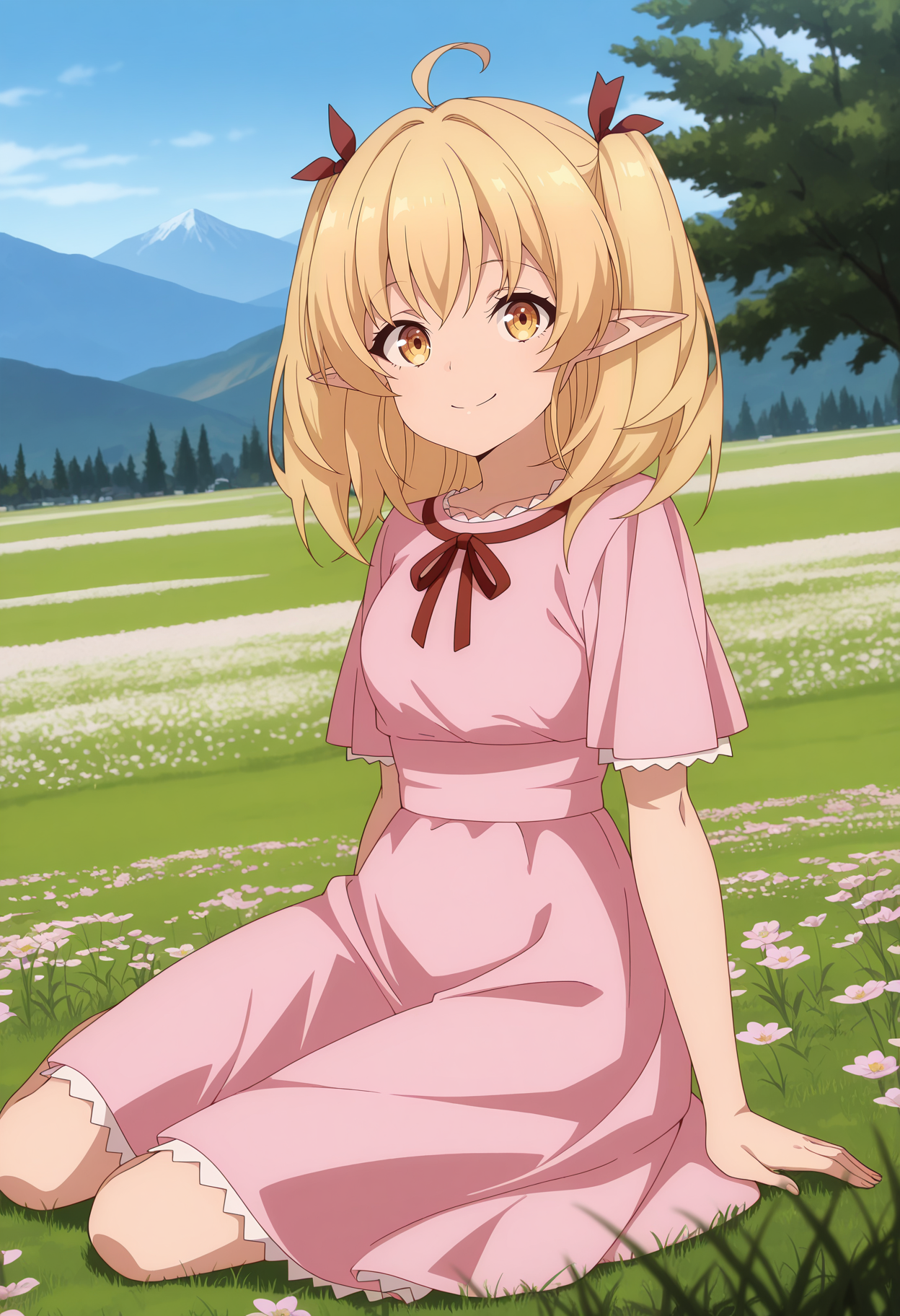 anime screencap, masterpiece, best quality,
<lora:YamiHealer_Lily_IlluXL:0.9>,
1girl, solo, closed mouth, smile,
two side up, ahoge, medium hair, blonde hair, yellow eyes, pointy ears, hair ribbon,
medium dress, pink dress, dress ribon, red ribbon, short sleeves,
yokozuwari, looking at viewer,
outdoors, scenery, tree, mountainous horizon, grass, flower field, blue sky, photo background, blurry background