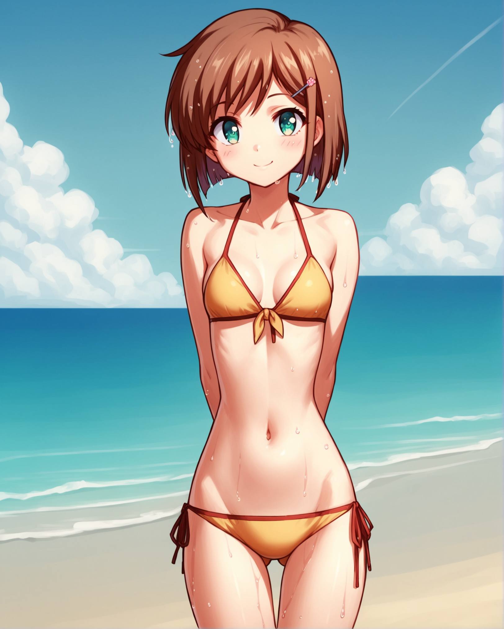 score_9, score_8_up, score_7_up, source_anime BREAK 1girl, Moemi, solo, female focus, short hair, brown hair, hairclip, green eyes, looking at viewer, blush, smile, standing, small breasts, perky breasts, navel, hands behind back, hidden hands, bikini, wet, thigh gap, gluteal fold, navel, collarbone, bare shoulders, bare arms, side-tie, outdoors, beach, sky, sea, <lora:Kanzaki_Moemi_Ryoujoku_Famiresu_Choukyou_Menu_for_Pony:1>, rating_questionable