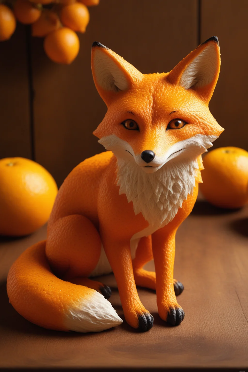 high quality,masterpiece,ultra-high resolution,incredible composition,extremely detailed, <lora:Orange_Peel:0.7>, A cunning fox sculpted from orange peel, its fur a vibrant citrus texture. Eyes sparkle with mischief, peel catching light. Ultra-high resolution macro, highlighting sly details. Background: autumnal wooden surface, warm light, orange zest, and berries for a rustic food photography scene.