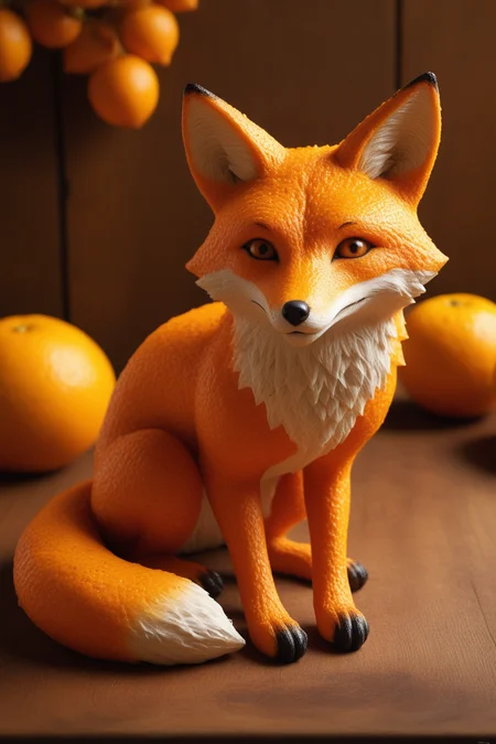 high quality,masterpiece,ultra-high resolution,incredible composition,extremely detailed, <lora:Orange_Peel:0.7>, A cunning fox sculpted from orange peel, its fur a vibrant citrus texture. Eyes sparkle with mischief, peel catching light. Ultra-high resolution macro, highlighting sly details. Background: autumnal wooden surface, warm light, orange zest, and berries for a rustic food photography scene.
