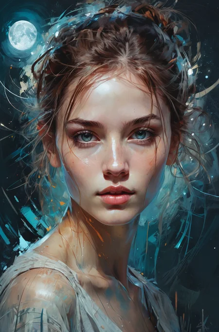 abstract beauty, centered, looking at the camera, approaching perfection, dynamic, moonlight, highly detailed, digital painting, artstation, concept art, smooth, sharp focus, illustration, art by Carne Griffiths and Wadim Kashin