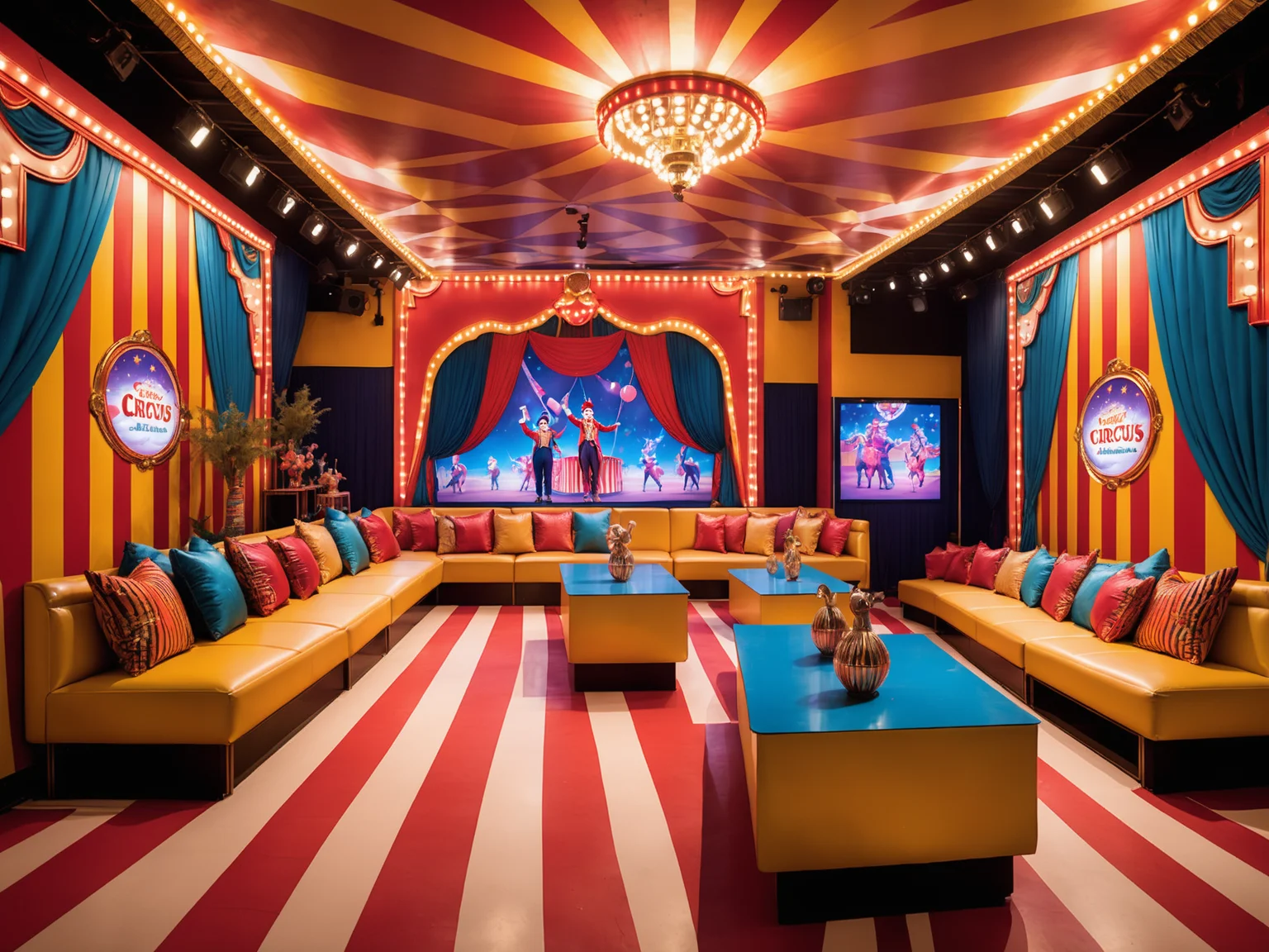 ktv,<lora:ktv_XL:0.6>,table,couch,lamp,candlestand,cup,food,led screen,
colorful striped tent fabric,circus-themed murals,clown and performing animal dolls.,
An atmosphere full of joy and surprises,as if in a real circus scene.,
A unique circus theme that combines classic circus elements with modern decorations.,
Colorful geometric patterned walls,decorated with acrobatic equipment and circus posters.,
Flickering neon lights,creating a vibrant performance stage effect.,