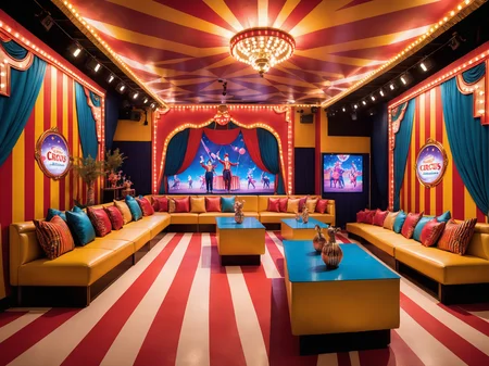 ktv,<lora:ktv_XL:0.6>,table,couch,lamp,candlestand,cup,food,led screen,
colorful striped tent fabric,circus-themed murals,clown and performing animal dolls.,
An atmosphere full of joy and surprises,as if in a real circus scene.,
A unique circus theme that combines classic circus elements with modern decorations.,
Colorful geometric patterned walls,decorated with acrobatic equipment and circus posters.,
Flickering neon lights,creating a vibrant performance stage effect.,