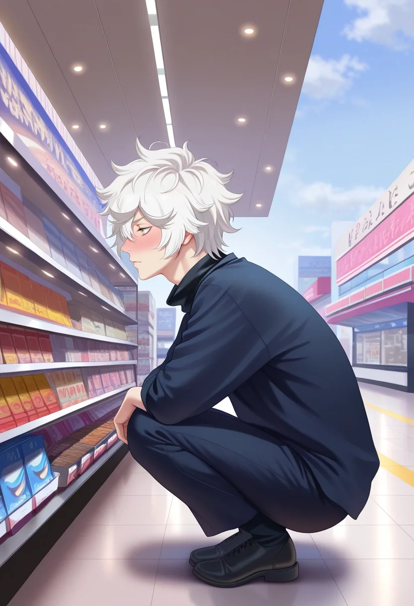 masterpiece, best quality, , semi-realistic,, 1boy, solo, male focus, <lora:gabimaru_jigokuraku_ilxl:0.9>, gabimaru_jigokuraku, white hair, yellow eyes, hair between eyes, short hair, messy hair, , , profile, shopping mall, stores, signs, day, squatting, embarrassed, nose blush,