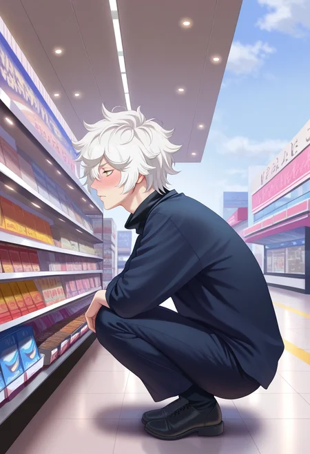 masterpiece, best quality, , semi-realistic,, 1boy, solo, male focus, <lora:gabimaru_jigokuraku_ilxl:0.9>, gabimaru_jigokuraku, white hair, yellow eyes, hair between eyes, short hair, messy hair, , , profile, shopping mall, stores, signs, day, squatting, embarrassed, nose blush,