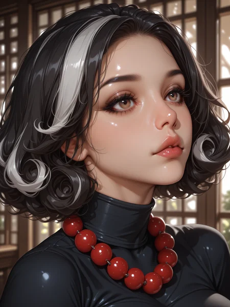 masterpiece, best quality, good quality, very aesthetic, absurdres, newest, 8K, depth of field, focused subject, 1girl, (portrait), black hair, short hair, curly hair, white highlights, brown eyes, eyelashes, full lips, black makeup, big breasts, turtleneck, ball necklace, <lora:ball_necklace_mabusius_illustrious_v1.0:0.5>, abstract background, <lora:MoriiMee_Gothic_Niji_Style_Illustrious_r1:0.75>, realistic, Cinematic Lighting, artist:moriimee