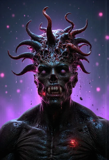 nightmarish figure in a dark, ominous setting. The subject is a humanoid creature with a grotesque appearance, characterized by an elongated skull and a gaping, toothy grin. Its eyes are large and bulbous, with dark, sunken sockets that give it a haunting expression. The creature's skin is a glossy, black substance that appears both smooth and textured, with intricate, vein-like patterns running across its surface, giving it a slimy, almost organic feel. Tendrils of black, writhing tentacles emerge from the top of its head, spreading outwards like a dark, chaotic crown. These tentacles are thick and sinuous, adding to the creature's eerie and unsettling presence. The background is a gradient of dark gray tones, which contrasts starkly with the creature's black form, making it stand out sharply. The lighting is soft but directional, casting subtle highlights and shadows that emphasize the creature's three-dimensional form and the glossy texture of its skin. The overall style of the image is highly detailed and realistic, with a focus on creating a sense of horror and otherworldliness through the creature's appearance and the dark, foreboding atmosphere. ((neon lights 1:1)), Neon retrowave cyberpunk, 80s cinematic dramatic color, purple pink and orange lights, night_sky with stars at distance, surreal, mythp0rt