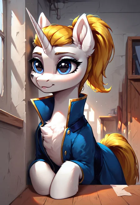 masterpiece, score_9, score_8_up, score_7_up, (best quality:1.1), ultra-detailed, high resolution, 1 girl, solo, Honoria Goldmane, unicorn, pony, feral, mare, white skin, fluffy pony ears, horn, yellow mane, tail, ponytail, female, cute, long eyelashes, (indoors), (((beautiful detailed eyes))), blue dress, (black triangles on one cheek), Long eyelashes, fluffy, ear fluff, long eyelashes, (cornering), taking cover, spying, marble wall, Highly Visible, (((8k))), sharp focus, perfect lighting, anatomically correct, extremely detailed, shine on body, (Canterlot Interior), high detail, cute face, Expressiveh, detailed background, OverallDetail, zPDXL2, <lora:Corneringv1:0.8>