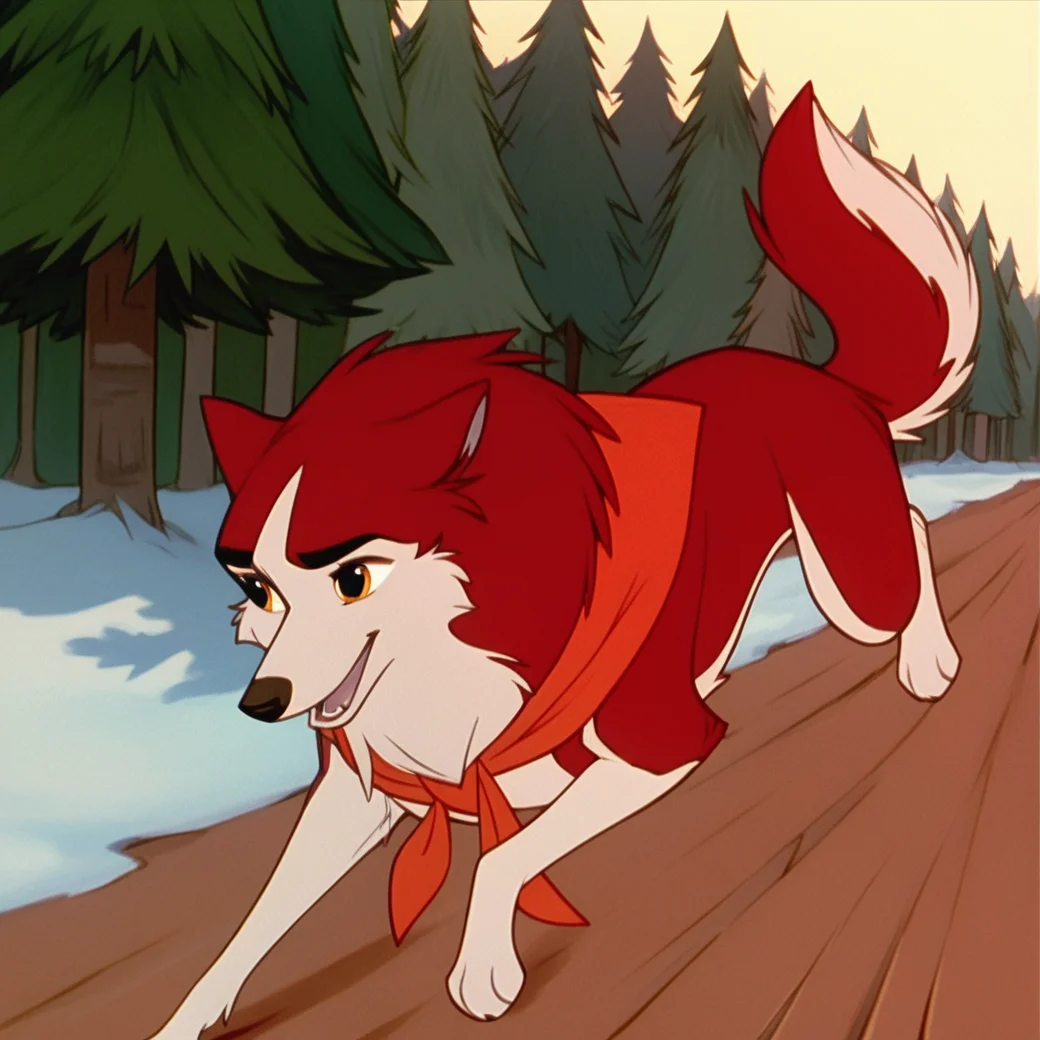 score_9, score_8_up, score_7_up, score_6_up, score_5_up, score_4_up, BREAK, <lora:Jennabalto:1>, 1girl, jenna\(balto\), animal, solo, wolf, two tone fur, red fur, white fur, outside, running, trees, daytime, amber eyes, neckerchief, smile open mouth,