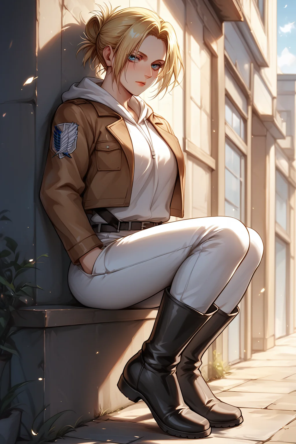 score_9, score_8_up, score_7_up, BREAK source_anime, <lora:annie leonhardt-PonyXL-lora-Faxtron:0.8> annie leonhardt, single hair bun, white hoodie, open cropped brown jacket, white pants, survey corps \(emblem\), boots,