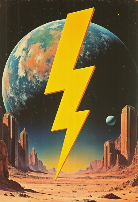 A  yellow lightning bolt symbol on Mars. 80s vintage pulp sci-fi magazine cover