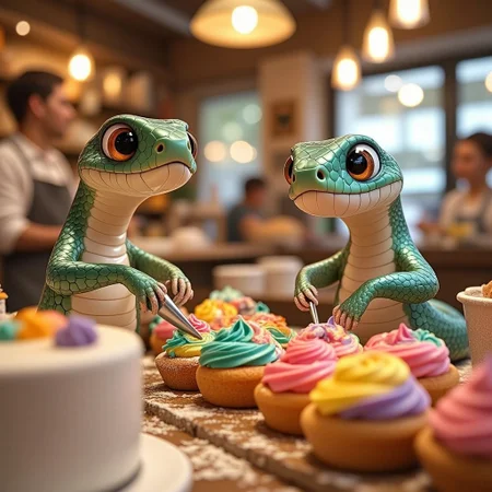 Adorable, tiny snakes, with scales shimmering like emeralds and sapphires, meticulously craft intricate cakes in a bustling, brightly lit bakery.  Tiny, flour-dusted hands, surprisingly dexterous, skillfully maneuver delicate piping bags, creating swirling patterns of buttercream frosting in rainbow hues.  The air is thick with the sweet aroma of vanilla and cinnamon, mingling with the faint scent of freshly baked bread.  Rows of colorful, miniature cakes, each a masterpiece of culinary artistry, line the display cases, gleaming under the warm bakery lights.  The snakes, despite their slithering forms, work with focused intensity, their tiny eyes gleaming with concentration as they decorate their creations.  A gentle hum of activity fills the cozy bakery, punctuated by the happy chatter of other customers, drawn in by the unusual sight.