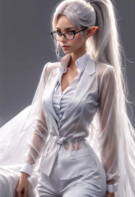 Full body Fantasy young tall elf woman, very long legs, medium breasts, (saggy breasts:2), in an elegant white office jacket and pants, necktie, very tight black silk gilet under her breasts like a corset, over a white see through linen shirt, braless, black thin glasses, sharp glare, fingers on glasses, very long white hair in a straight ponytail long under her buttocks.
Studio light, gray background.
Hyper realistic, HDR, 8K, Trending on Artstation, very detailed, sharp