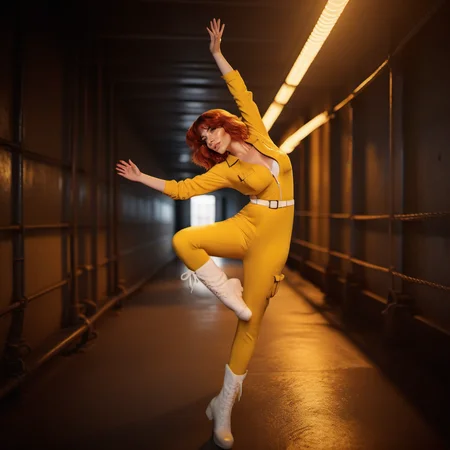 cinematic photo a realistic woman in yellow jumpsuit in the sewers<lora:April1024:0.8> . 35mm photograph, film, bokeh, professional, 4k, highly detailed
