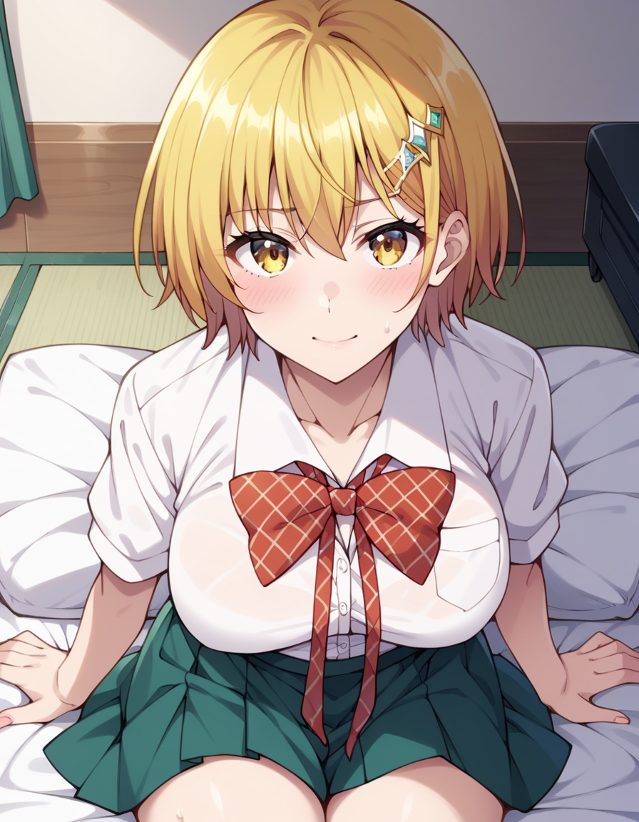 score_9, score_8_up, score_7_up, source_anime, uncensored, <lora:StS_detail_slider_v1:3>, zPDXLxxx, <lora:Kirara_Hoshino_PONYXL_VexVexX:1>, KiraraHoshino, 1girl, yellow eyes, blonde hair, short hair, hair between eyes, hair ornament, hairclip, medium-large breasts, school uniform, skirt, green skirt, shirt, white shirt, short sleeves, bow, ribbon, red bow, cowboy shot, bedroom, from above, Sitting on a cushion with legs folded to one side, leaning slightly forward with hands resting on the floor in front, thighs, looking at viewer