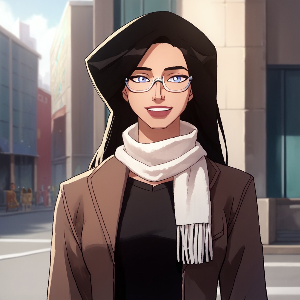 score_9, score_8_up, score_7_up, 1girl, solo, long hair, blue eyes, black hair, lipstick, black shirt, jeans, handbag, open jacket, brown jacket, glasses, white scarf, Wonder Woman (2009), looking at viewer, mouth closed, smile, middle of the city