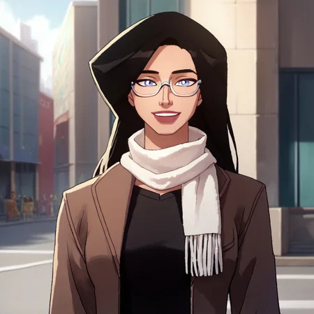 score_9, score_8_up, score_7_up, 1girl, solo, long hair, blue eyes, black hair, lipstick, black shirt, jeans, handbag, open jacket, brown jacket, glasses, white scarf, Wonder Woman (2009), looking at viewer, mouth closed, smile, middle of the city