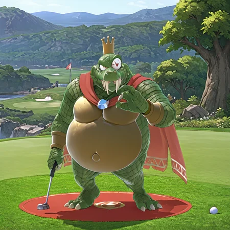 kingkroolXL, playing golf,  <lora:King_K_Rool_XL:.7>, red cape, (anime, masterpiece, intricate:1.3), (best quality, hires textures, high detail:1.2), (4k),(incredibly detailed:1.4),UHD, 8K, ultra detailed