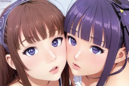 masterpiece, best quality,(thick outline vector graphics:1.2),(lens 85mm f1.8:1.1), (shiny skin:1.05), (2girls:1.2), (anime colored:1.4), indoor, bangs, lips, twintails, (cheek-to-cheek:1.2), (freckles:0.4), bow, (looking down viewer:1.2), blurry background, (heads together:1.4), closed mouth, hair ribbon, upper body, parted lips, (lace crothes:0.9),(illustration:1.35), (flat color:1.3), nsfw,(megami magazine:1.5),(read cooking book), bulletin board, (ultimated intricate nose:1.5), (hyperrealistic nose:1.6),butiful clear eyes:1.2)