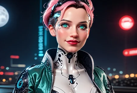score_9, score_8_up, score_7_up, Raw Photo, Portrait, cute android girl, black android, glossy blue, seductive, innocent, light smile:0.3, plump lips, artificial silicone face, artificial silicone skin, panel lines visible in skin, symmetrical , slender body, wearing pink science fiction clothes, hands, breathtaking grandeur, LED internal lighting, cyberpunk style, pale pink wig, large glowing blue glass eyes, cyborg, full moon, dystopian futuristic city background, depth of field, dynamic angle, photo realistic:1.4, realistic skin:1.4, fashion photography, sharp, analog film grain, hyperdetailed:1.15
cinematic film still, shallow depth of field, vignette, highly detailed, high budget, bokeh, cinemascope, moody, epic, gorgeous, film grain, grain
cyborg bodysuit,science fiction, Robot Girl, Robogirl
silicone,s3xd0ll,large breasts,looking at viewer,blue eyes
ruanyi0812,white bodysuit,skin tight mint green jacket,open jacket