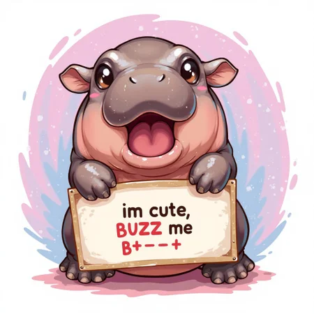 album cover of a cute baby hippopotamus smiling happily holding a sign saying "im cute, BUZZ me B**** " below. pink blue swirling background