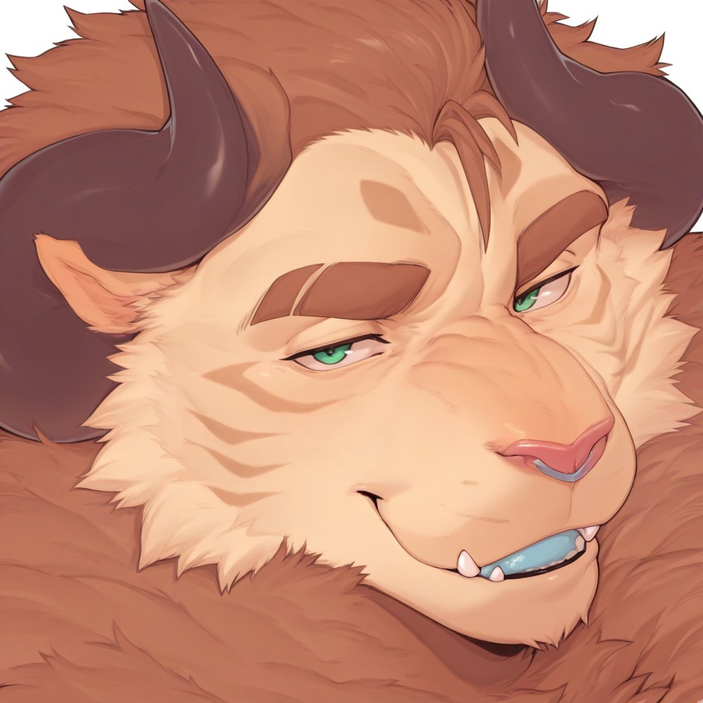 masterpiece, best quality, amazing quality, solo,
Anthro,Ursso,bara,tan fur,brown mane,stripes,horns,fangs out,blue glands,fluffy,green eyes, looking at viewer, smirk, seductive,
White background, face focus, close-up,