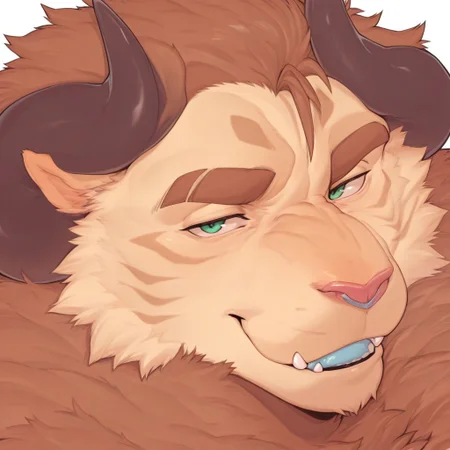 masterpiece, best quality, amazing quality, solo,
Anthro,Ursso,bara,tan fur,brown mane,stripes,horns,fangs out,blue glands,fluffy,green eyes, looking at viewer, smirk, seductive,
White background, face focus, close-up,