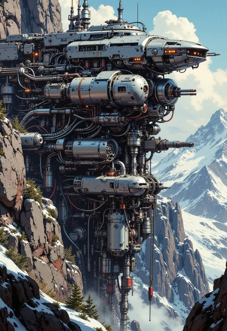 in the style of ck-mgs, A digital artwork in the style of cknc, a_skynet_cyberdyne_craft, the image is featuring gleaming silver metallic megafortress set into a mountainside cliff, with large gun turrets. The fortress has glowing led lights, and is adorned with intricate, metallic details, including bolts, wires, and mechanical components, giving it a highly advanced, industrial military look