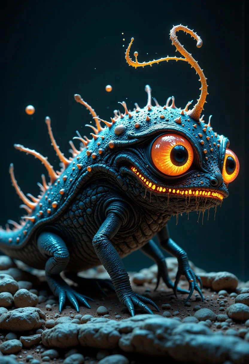 Envision a bizarre and whimsical monster, an uncanny blend of a cat and an anglerfish. Its body features the dark, leathery textures of a deep-sea dweller, adorned with bioluminescent spots that cast an eerie glow in its surroundings. It possesses sleek, cat-like limbs for unexpectedly agile movements and large, luminous eyes filled with curiosity. A thin, lure-like appendage protrudes from its head, playfully dancing above its wide, toothy maw like a living bait. This extraordinary creature embodies the strange beauty of undiscovered biodiversity with its intriguingly alien appearance.