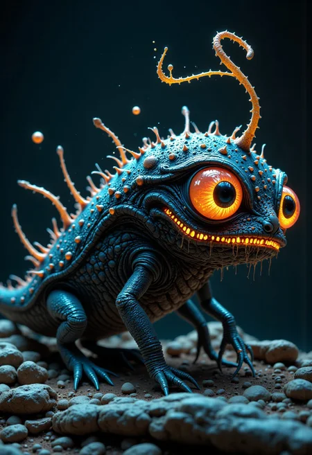 Envision a bizarre and whimsical monster, an uncanny blend of a cat and an anglerfish. Its body features the dark, leathery textures of a deep-sea dweller, adorned with bioluminescent spots that cast an eerie glow in its surroundings. It possesses sleek, cat-like limbs for unexpectedly agile movements and large, luminous eyes filled with curiosity. A thin, lure-like appendage protrudes from its head, playfully dancing above its wide, toothy maw like a living bait. This extraordinary creature embodies the strange beauty of undiscovered biodiversity with its intriguingly alien appearance.