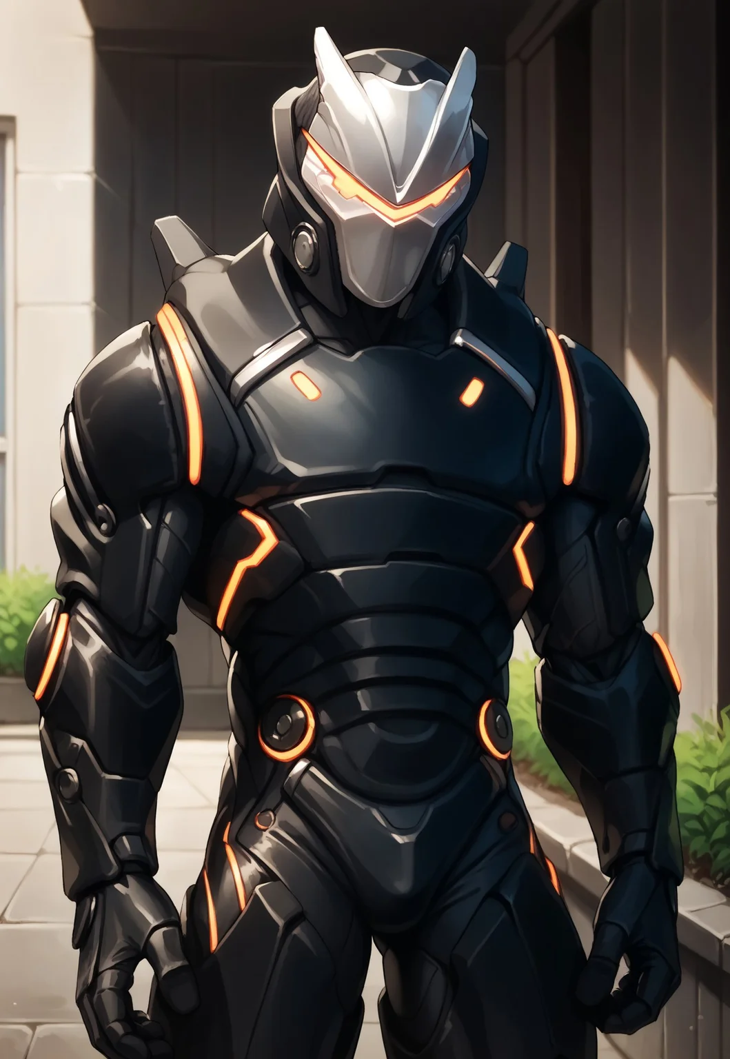 score_9, score_8_up, score_7_up, source_anime, omegafort, 1boy, solo, humanoid, mask, helmet, armor, glowing lights, mecha, looking at viewer, BREAK, outdoors