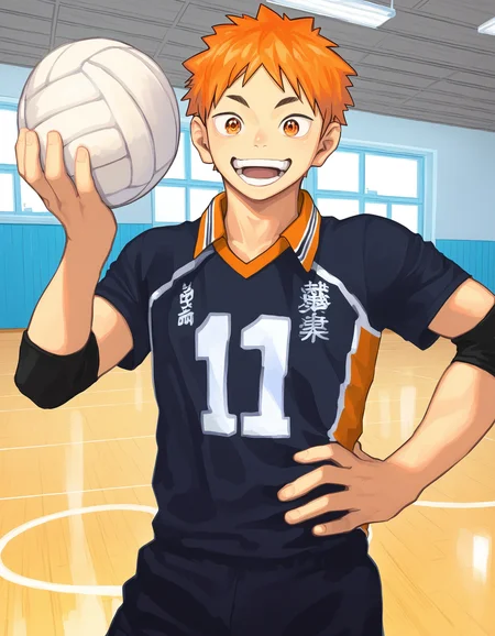 masterpiece, shounenzoom-style, 2020s, indoors, gymnasium, 1boy, solo, hinata shoyo, (haikyuu:0.7), orange hair, orange eyes, volleyball uniform, open mouth, smile, looking at viewer, holding volleyball, hand on hip <lora:shounen_zoom-naixl_vpred-v7Nd-ShoAI:1>