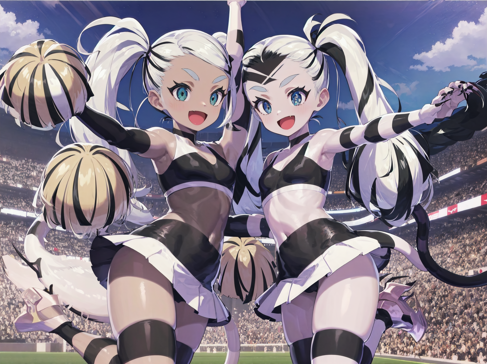 absurdres, high detail, 4k, stadium, nation flags, sky,
standing on one leg, arm up, outstretched arm, smile, :d,
multiple girls, nymph, white skin, bodypaint, striped, claws, miniskirt, tail, heels, pom pom \(cheerleading\),
<lora:MGCM-nymph-t2:0.8>
